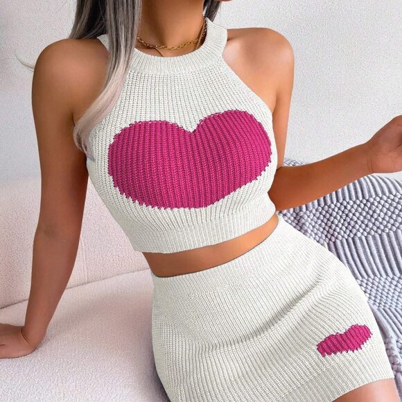 White Casual Womens Heart Pattern Crop Knit Top & Knit Skirt - Picture 1 of 5